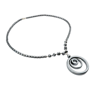 Hematite Spiral Pendant Necklace Silver Tone Beads 18 Inch Modern Minimalist