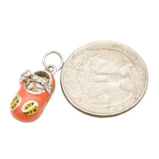 Sterling Silver Peach Enamel Baby Shoe Dangle Charm with Ladybug Detail