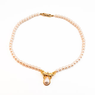 Vintage Simulated Pearl Necklace 16.5 Inch Gold Plated Pendant Classic Elegant