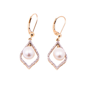 14K Yellow Gold 9.2mm Baroque Freshwater Pearl 1.6 Inch Diamond Dangle Earrings