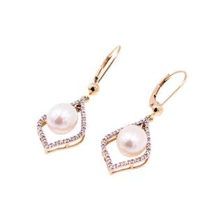 14K Yellow Gold 9.2mm Baroque Freshwater Pearl 1.6 Inch Diamond Dangle Earrings