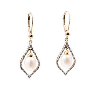 14K Yellow Gold 9.2mm Baroque Freshwater Pearl 1.6 Inch Diamond Dangle Earrings