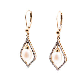 14K Yellow Gold 9.2mm Baroque Freshwater Pearl 1.6 Inch Diamond Dangle Earrings