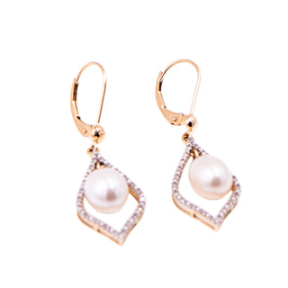 14K Yellow Gold 9.2mm Baroque Freshwater Pearl 1.6 Inch Diamond Dangle Earrings