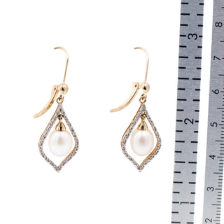 14K Yellow Gold 9.2mm Baroque Freshwater Pearl 1.6 Inch Diamond Dangle Earrings