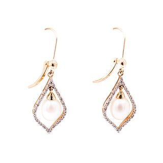 14K Yellow Gold 9.2mm Baroque Freshwater Pearl 1.6 Inch Diamond Dangle Earrings