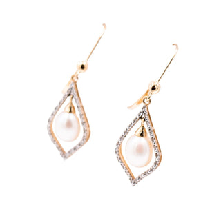 14K Yellow Gold 9.2mm Baroque Freshwater Pearl 1.6 Inch Diamond Dangle Earrings
