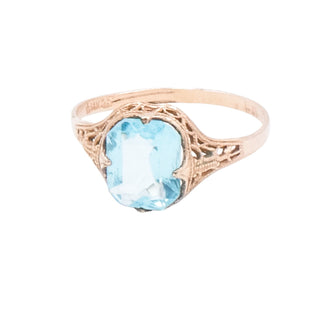 Vintage Rold Gold Plate Blue Crystal Filigree Ring Size 10.5