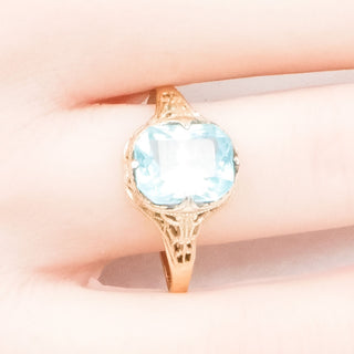 Vintage Rold Gold Plate Blue Crystal Filigree Ring Size 10.5