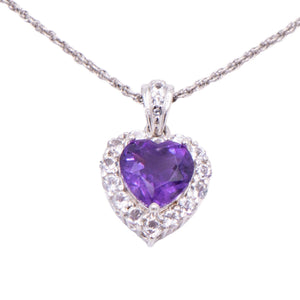 Amethyst Heart White Zircon Halo Sterling Silver 18 Inch Pendant Necklace
