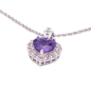 Amethyst Heart White Zircon Halo Sterling Silver 18 Inch Pendant Necklace