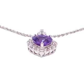 Amethyst Heart White Zircon Halo Sterling Silver 18 Inch Pendant Necklace
