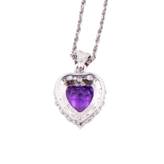 Amethyst Heart White Zircon Halo Sterling Silver 18 Inch Pendant Necklace