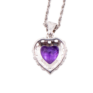 Amethyst Heart White Zircon Halo Sterling Silver 18 Inch Pendant Necklace