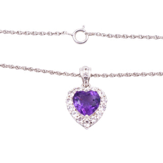 Amethyst Heart White Zircon Halo Sterling Silver 18 Inch Pendant Necklace