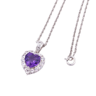 Amethyst Heart White Zircon Halo Sterling Silver 18 Inch Pendant Necklace