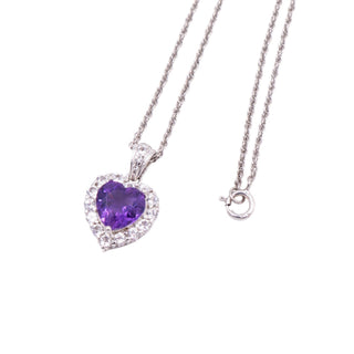 Amethyst Heart White Zircon Halo Sterling Silver 18 Inch Pendant Necklace