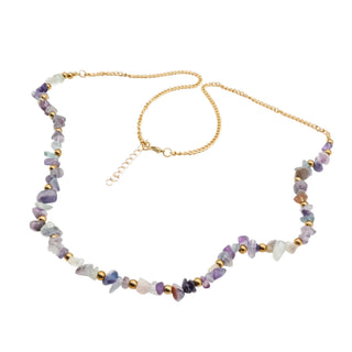 Fluorite Chip Beaded Necklace Gold Tone Adjustable 33–35 Inches