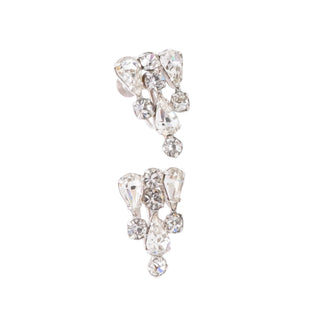 Vintage Rhinestone Cluster Clip On Earrings Silver Tone Dangle 1 Inch