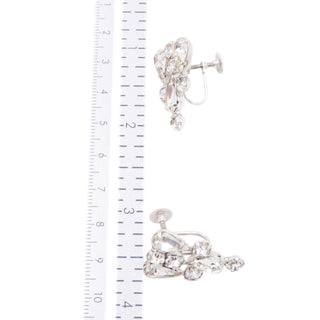 Vintage Rhinestone Cluster Clip On Earrings Silver Tone Dangle 1 Inch