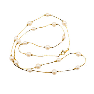 Elegant Vintage Trifari Gold-Plated Simulated White Pearl Station Necklace 28 Inches