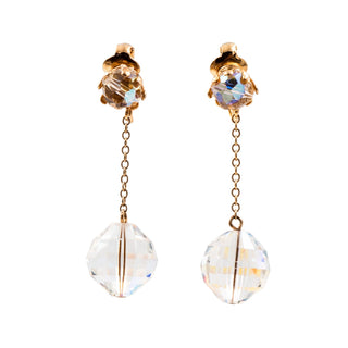 Vintage Faceted Aurora Borealis Crystal Gold Plated 2 Inch Drop Clip On Earrings