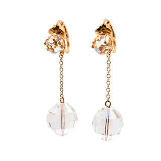 Vintage Faceted Aurora Borealis Crystal Gold Plated 2 Inch Drop Clip On Earrings
