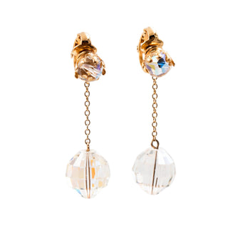Vintage Faceted Aurora Borealis Crystal Gold Plated 2 Inch Drop Clip On Earrings