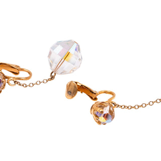 Vintage Faceted Aurora Borealis Crystal Gold Plated 2 Inch Drop Clip On Earrings