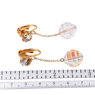 Vintage Faceted Aurora Borealis Crystal Gold Plated 2 Inch Drop Clip On Earrings