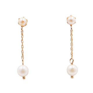 Vintage 14K Yellow Gold Cultured White Pearl 1 1/4 Inch Dangle Earrings