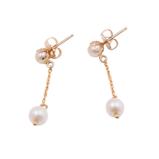Vintage 14K Yellow Gold Cultured White Pearl 1 1/4 Inch Dangle Earrings