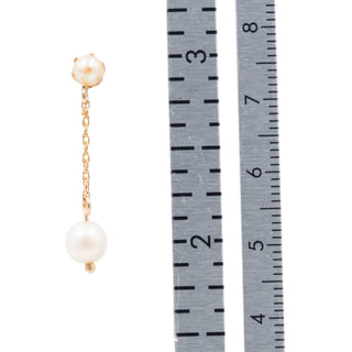 Vintage 14K Yellow Gold Cultured White Pearl 1 1/4 Inch Dangle Earrings