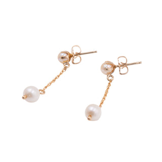 Vintage 14K Yellow Gold Cultured White Pearl 1 1/4 Inch Dangle Earrings
