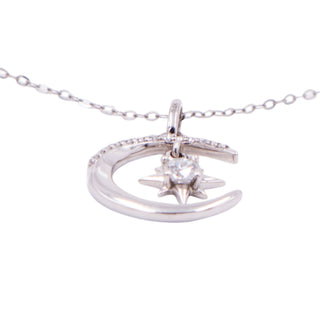 14K White Gold 16 to 18 Inch Moon North Star Moissanite Pendant Necklace