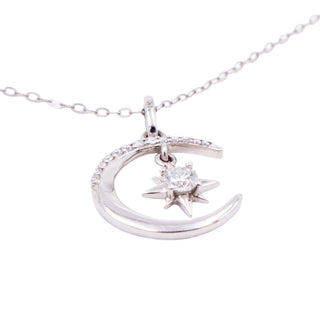 14K White Gold 16 to 18 Inch Moon North Star Moissanite Pendant Necklace