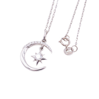 14K White Gold 16 to 18 Inch Moon North Star Moissanite Pendant Necklace