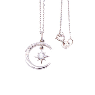 14K White Gold 16 to 18 Inch Moon North Star Moissanite Pendant Necklace