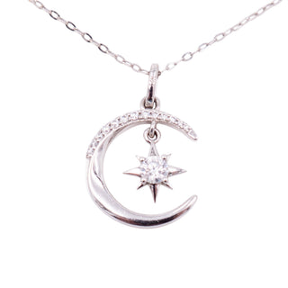 14K White Gold 16 to 18 Inch Moon North Star Moissanite Pendant Necklace