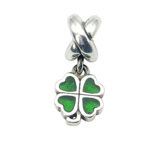 Pandora Retired Green Four Leaf Clover Sterling Silver Enamel Dangle Charm