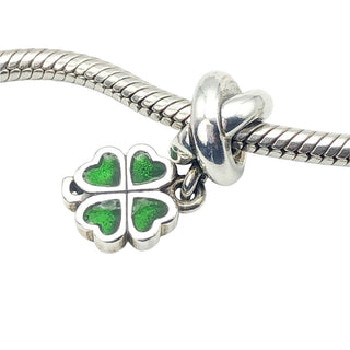 Pandora Retired Green Four Leaf Clover Sterling Silver Enamel Dangle Charm