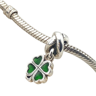 Pandora Retired Green Four Leaf Clover Sterling Silver Enamel Dangle Charm