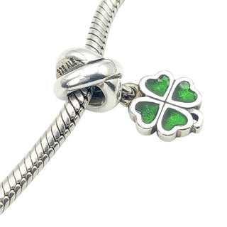 Pandora Retired Green Four Leaf Clover Sterling Silver Enamel Dangle Charm