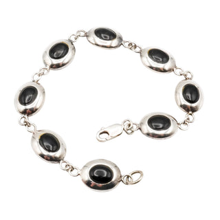 Black Onyx Oval Cabochon Sterling Silver Bracelet 7 Inches