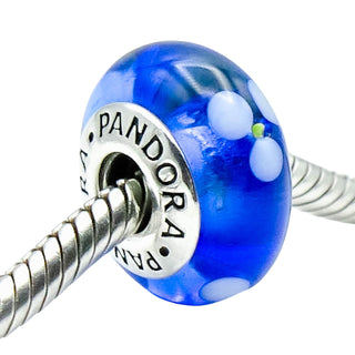 Pandora Blue Flowers Murano Glass Charm Sterling Silver Retired