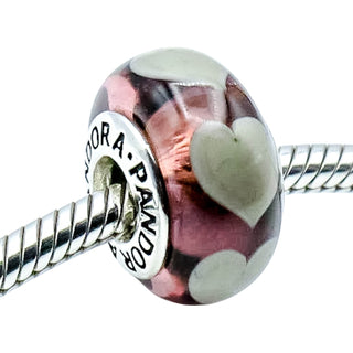 PANDORA Violet With Grey Hearts Murano Glass Sterling Silver Charm Bead