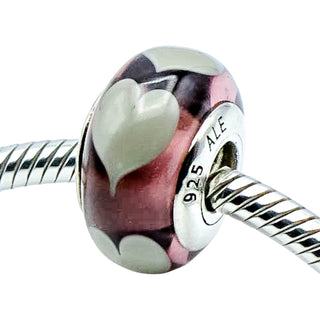 PANDORA Violet With Grey Hearts Murano Glass Sterling Silver Charm Bead