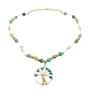 Tree of Life Necklace with Nephrite Jade and Green Agate - 24 Inches