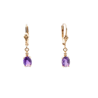 14K Yellow Gold 1 Inch Oval Amethyst Diamond Leverback Earrings 1.7 Carat