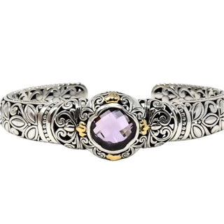 Amethyst Floral Filigree Sterling Silver 7.5-Inch Hinged Cuff Bracelet With 18K Gold Accents